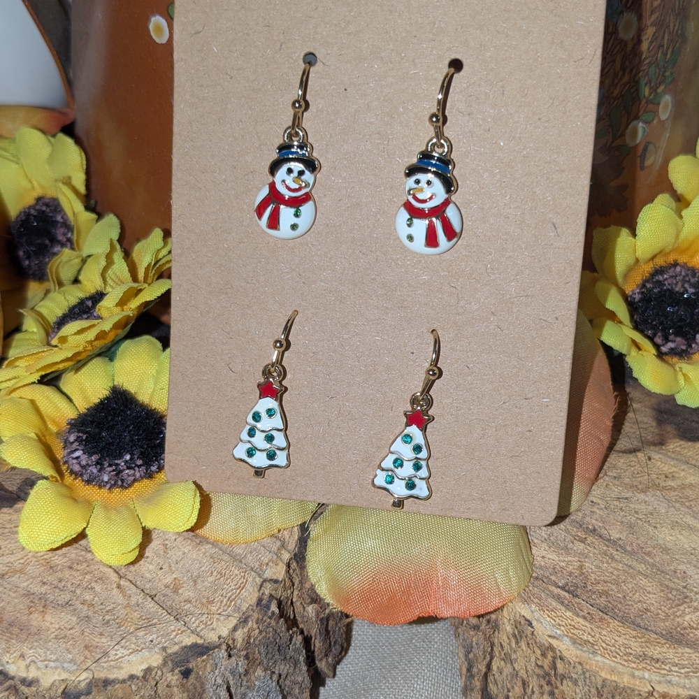 Festive Snowman and Christmas Tree Earrings